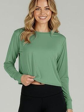 Realessentials Women Sz 1X Dry-Fit Long Sleeve Crop Top Green Workout Gym